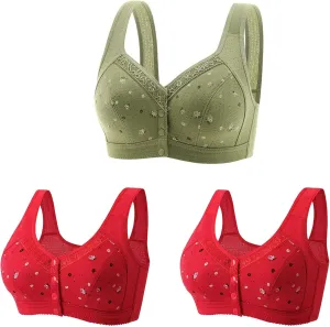 3 PC Daisy Bras for Older Women No Underwire Front Closure Comfort Senior Comfort Full Coverage Snap Closing Bralettes