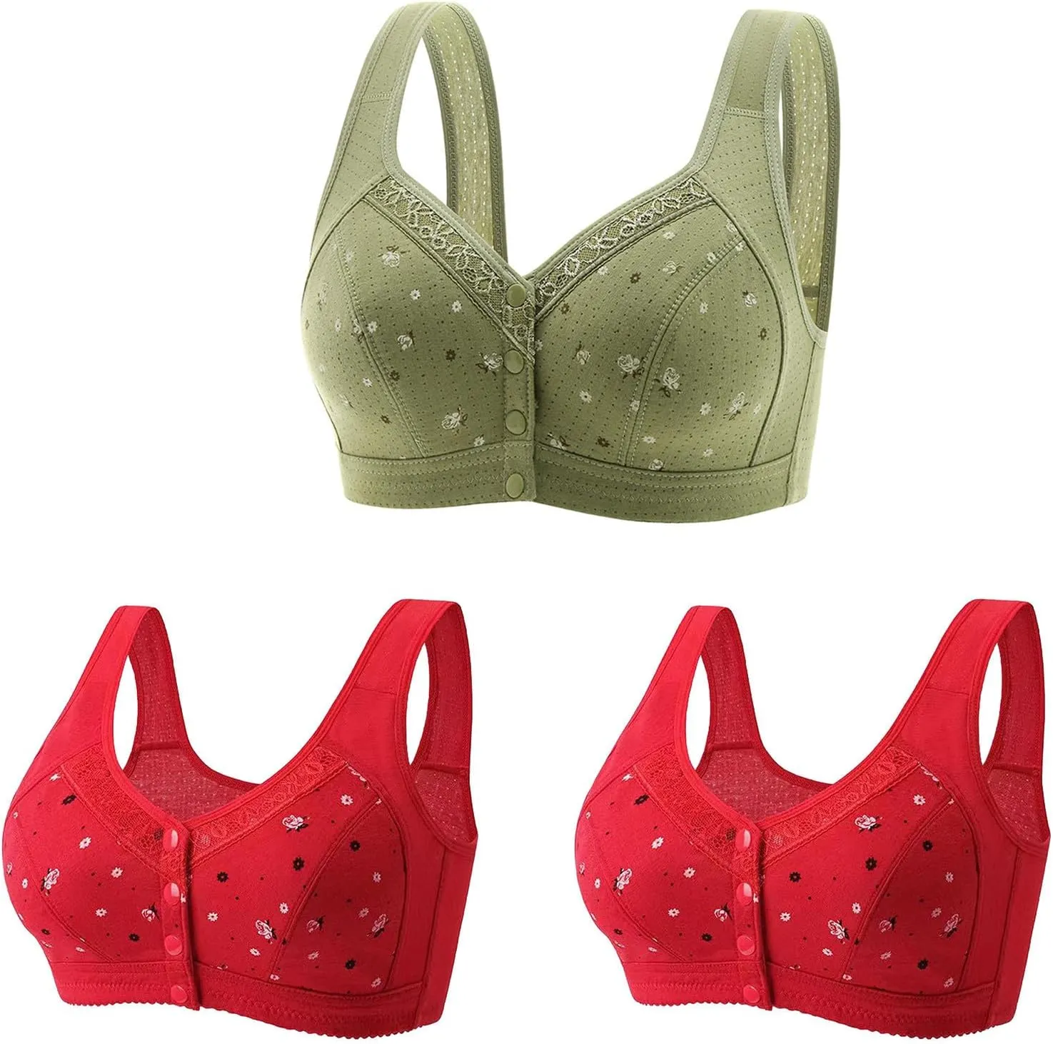 3 PC Daisy Bras for Older Women No Underwire Front Closure Comfort Senior Comfort Full Coverage Snap Closing Bralettes