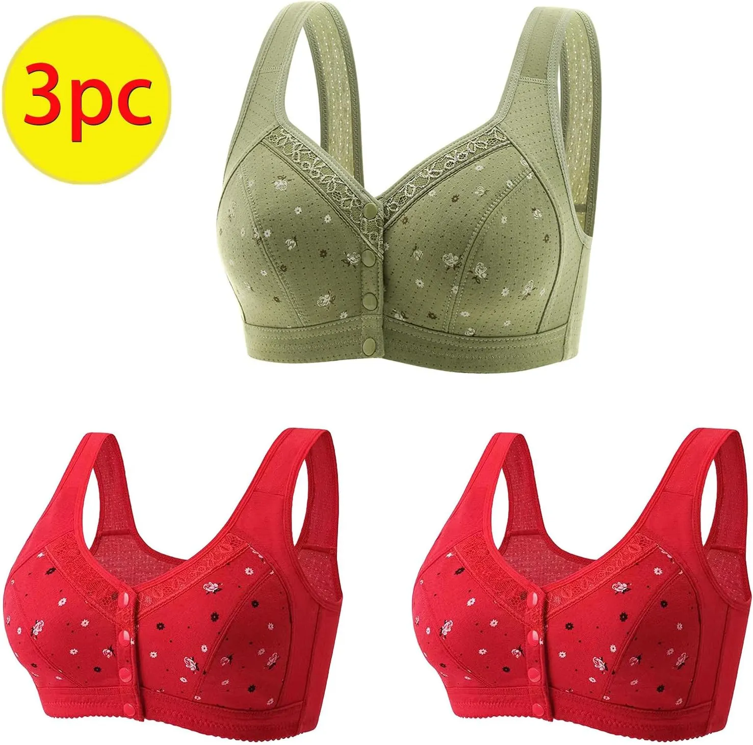 3 PC Daisy Bras for Older Women No Underwire Front Closure Comfort Senior Comfort Full Coverage Snap Closing Bralettes