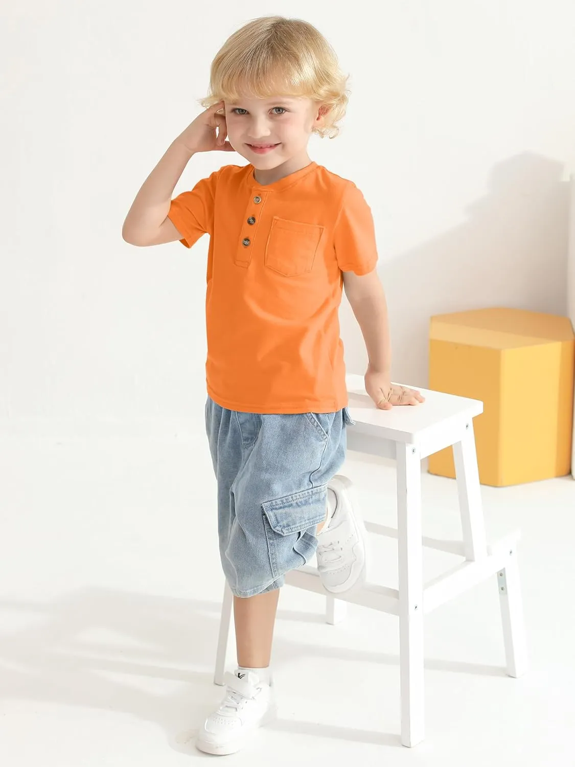 4 Pack Toddler Boys Shirts Toddler Boys Short Sleeve Cotton T Shirts Henley Pocket T-Shirt Tops Tee for Little Kids
