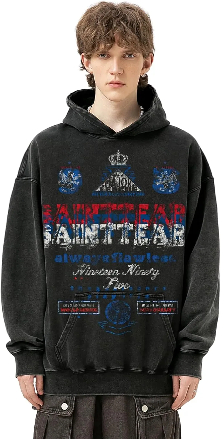 Arnodefrance Men Vintage Washed Graphic Hoodies Printing Graffiti Hoodie Cotton Warm Pullover