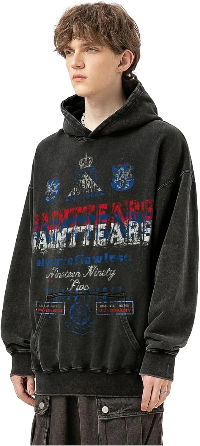 Arnodefrance Men Vintage Washed Graphic Hoodies Printing Graffiti Hoodie Cotton Warm Pullover