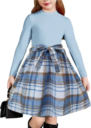Arshiner Girls Dresses Long Sleeve Rib Knit Plaid Patchwork Belted Dress with Pockets