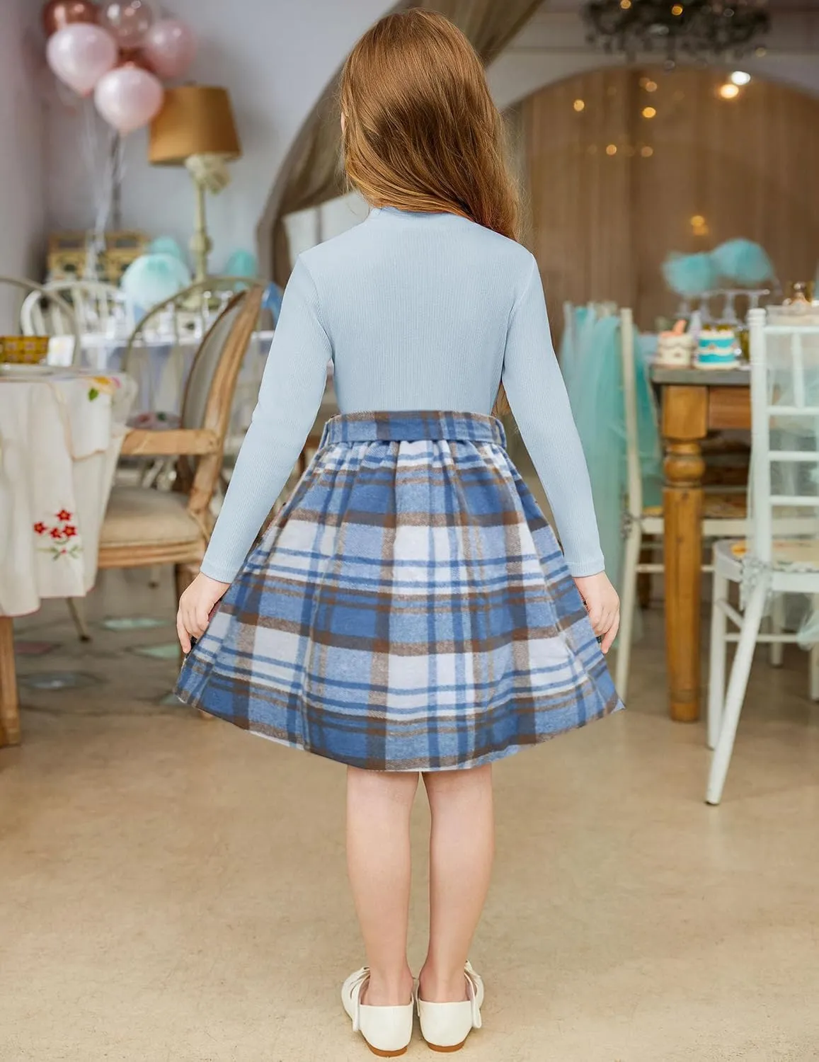 Arshiner Girls Dresses Long Sleeve Rib Knit Plaid Patchwork Belted Dress with Pockets