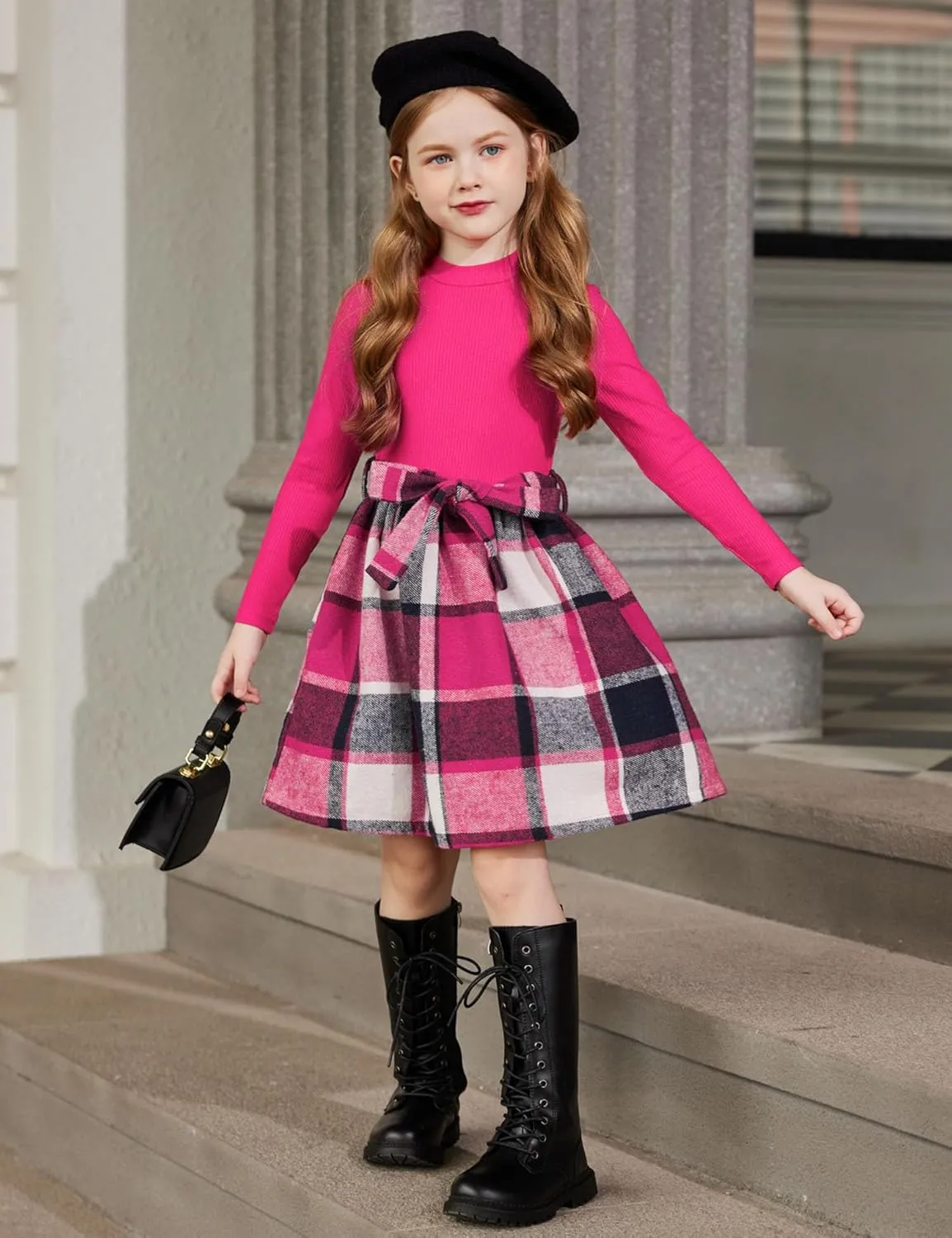 Arshiner Girls Dresses Long Sleeve Rib Knit Plaid Patchwork Belted Dress with Pockets