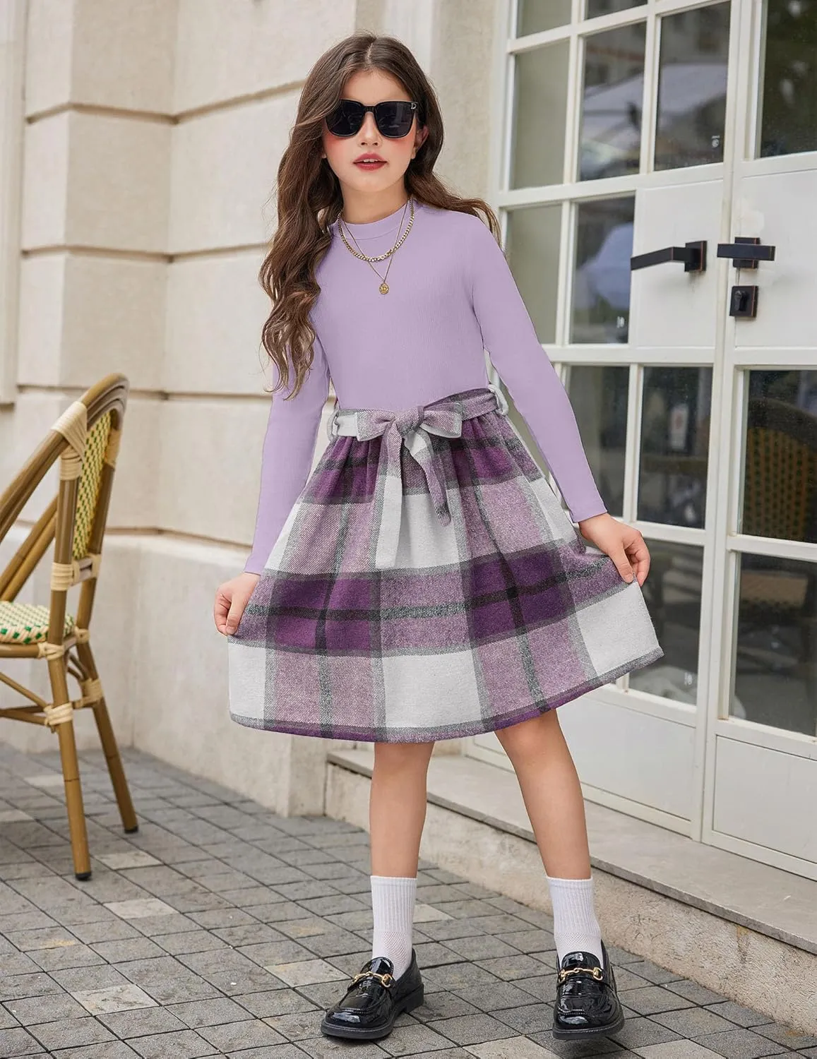 Arshiner Girls Dresses Long Sleeve Rib Knit Plaid Patchwork Belted Dress with Pockets