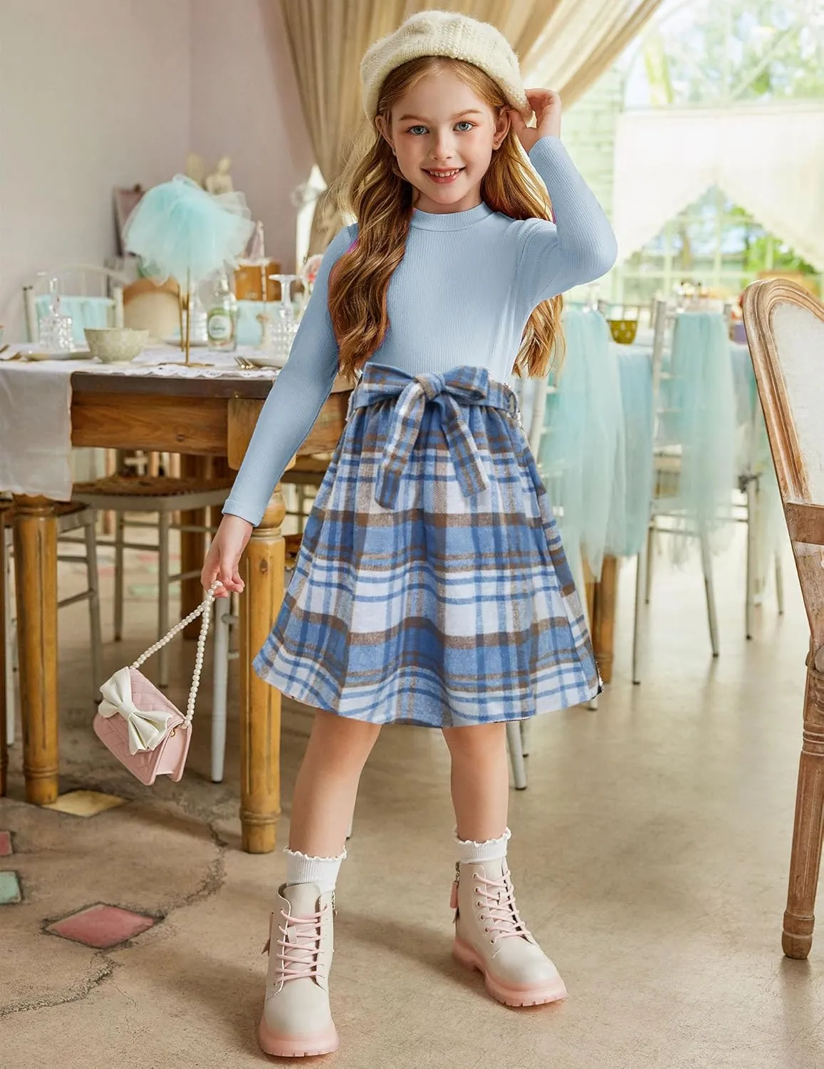 Arshiner Girls Dresses Long Sleeve Rib Knit Plaid Patchwork Belted Dress with Pockets