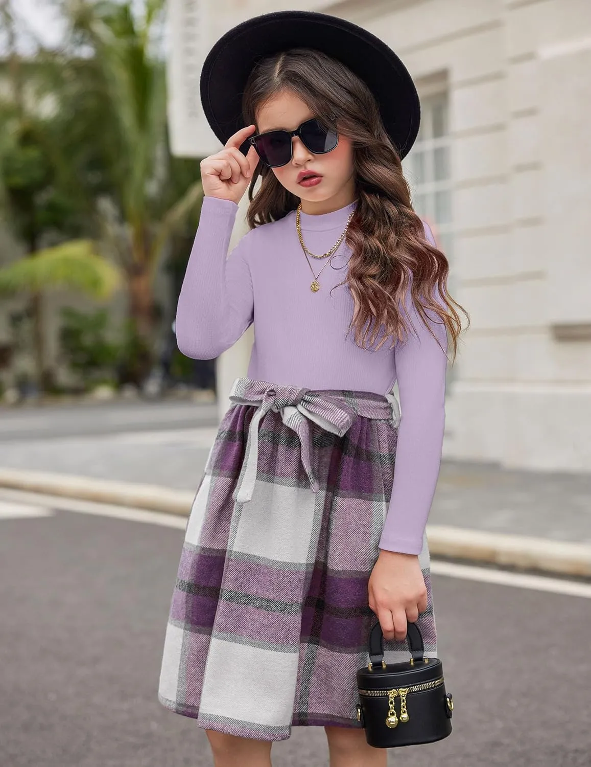 Arshiner Girls Dresses Long Sleeve Rib Knit Plaid Patchwork Belted Dress with Pockets