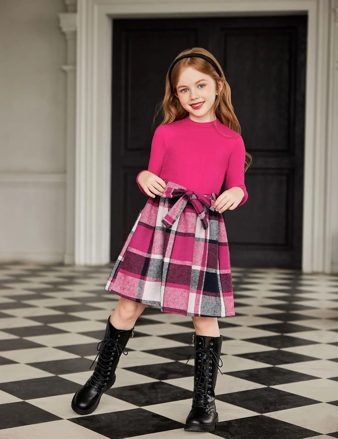 Arshiner Girls Dresses Long Sleeve Rib Knit Plaid Patchwork Belted Dress with Pockets