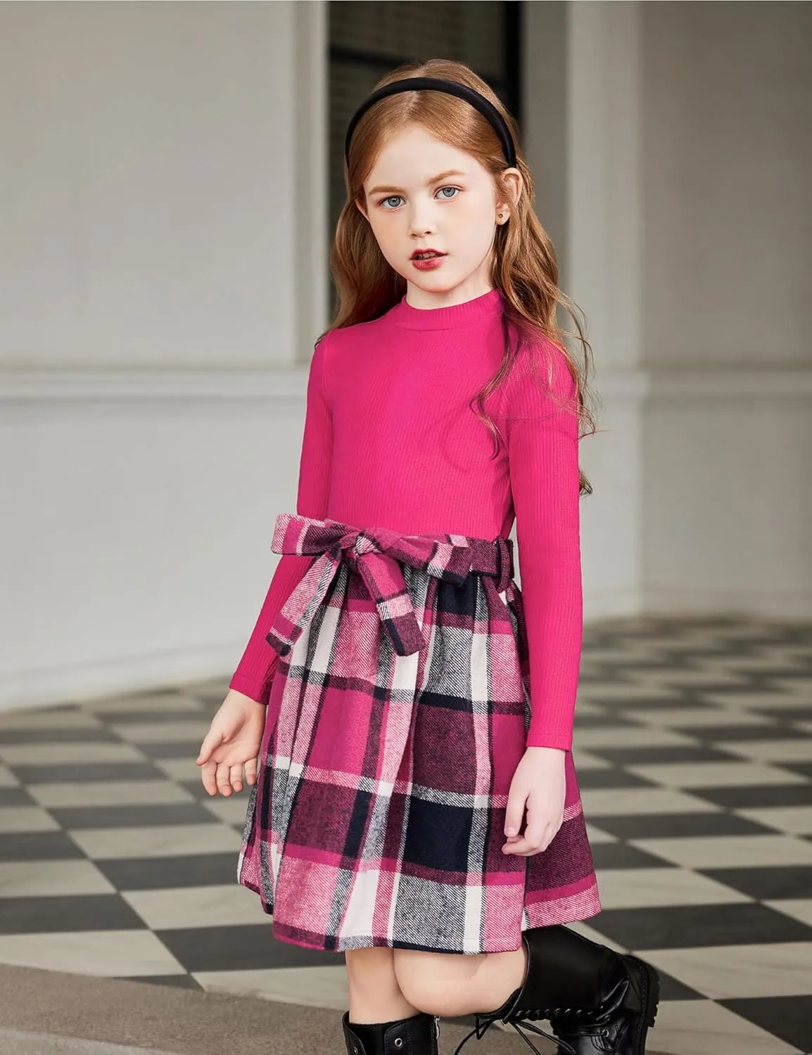 Arshiner Girls Dresses Long Sleeve Rib Knit Plaid Patchwork Belted Dress with Pockets