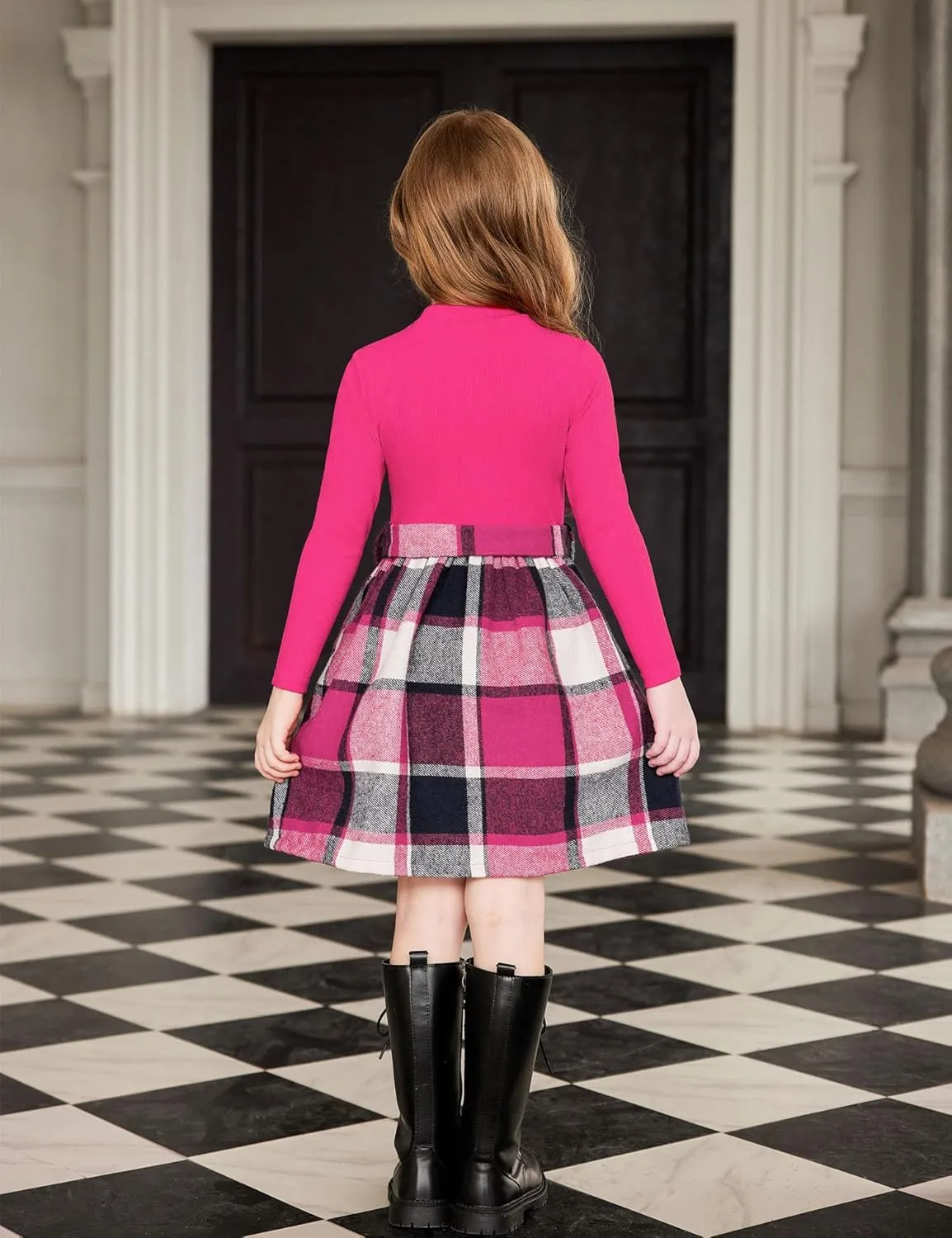 Arshiner Girls Dresses Long Sleeve Rib Knit Plaid Patchwork Belted Dress with Pockets