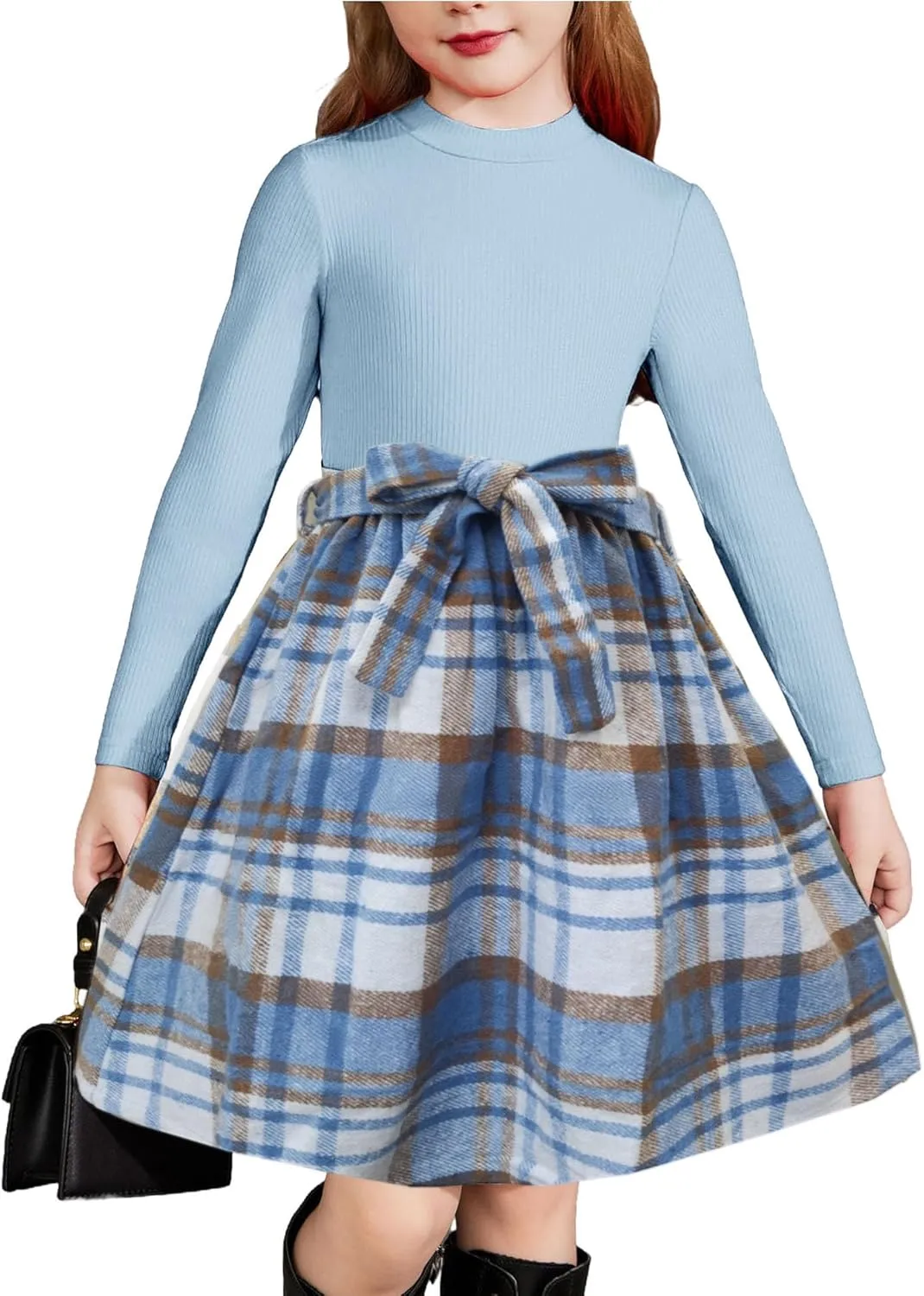 Arshiner Girls Dresses Long Sleeve Rib Knit Plaid Patchwork Belted Dress with Pockets