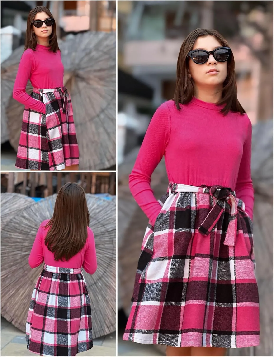 Arshiner Girls Dresses Long Sleeve Rib Knit Plaid Patchwork Belted Dress with Pockets