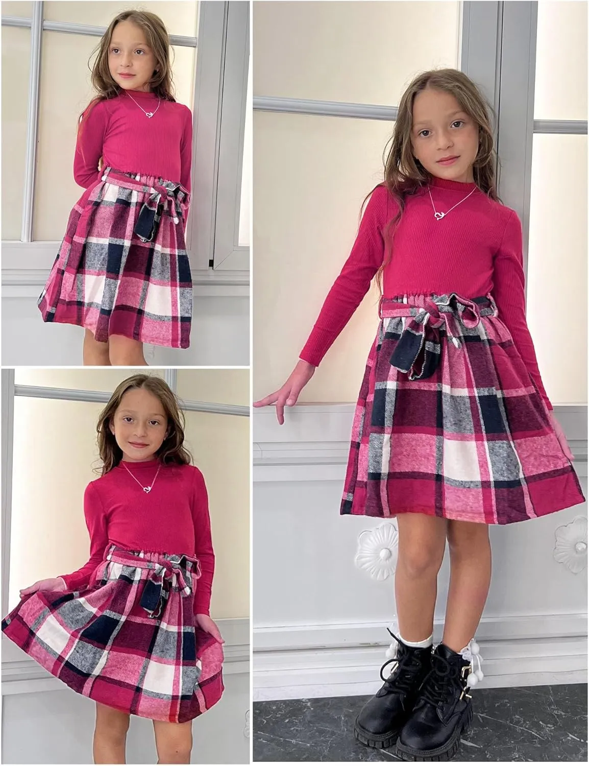 Arshiner Girls Dresses Long Sleeve Rib Knit Plaid Patchwork Belted Dress with Pockets