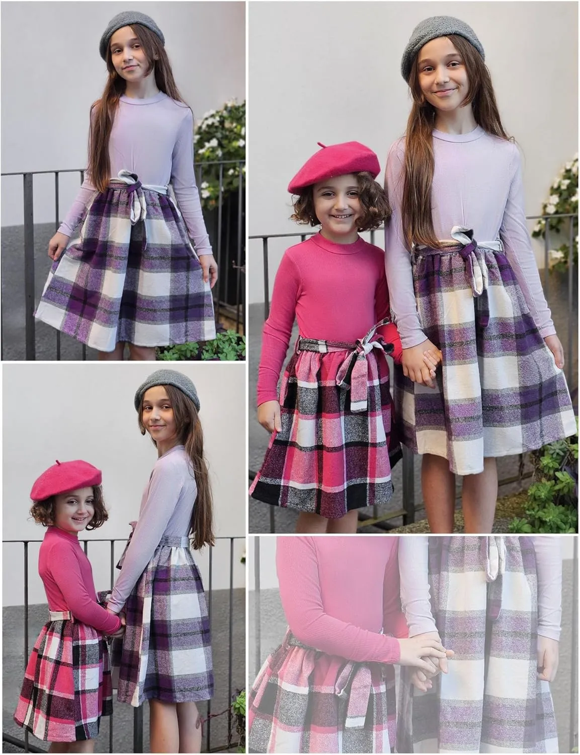 Arshiner Girls Dresses Long Sleeve Rib Knit Plaid Patchwork Belted Dress with Pockets