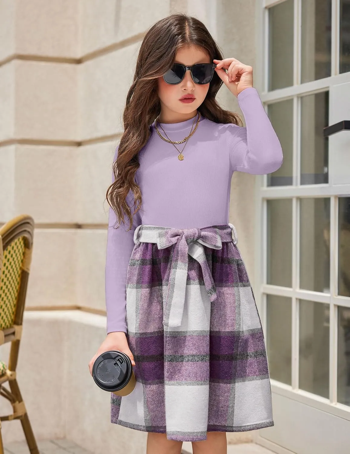 Arshiner Girls Dresses Long Sleeve Rib Knit Plaid Patchwork Belted Dress with Pockets