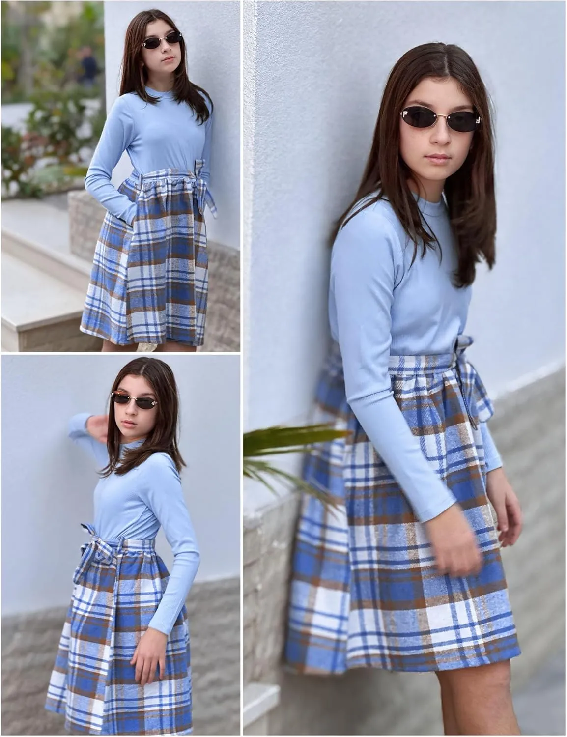Arshiner Girls Dresses Long Sleeve Rib Knit Plaid Patchwork Belted Dress with Pockets
