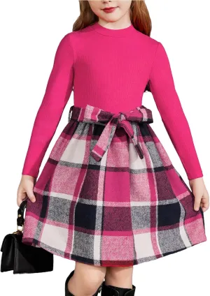 Arshiner Girls Dresses Long Sleeve Rib Knit Plaid Patchwork Belted Dress with Pockets