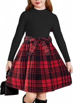 Arshiner Girls Dresses Long Sleeve Rib Knit Plaid Patchwork Belted Dress with Pockets
