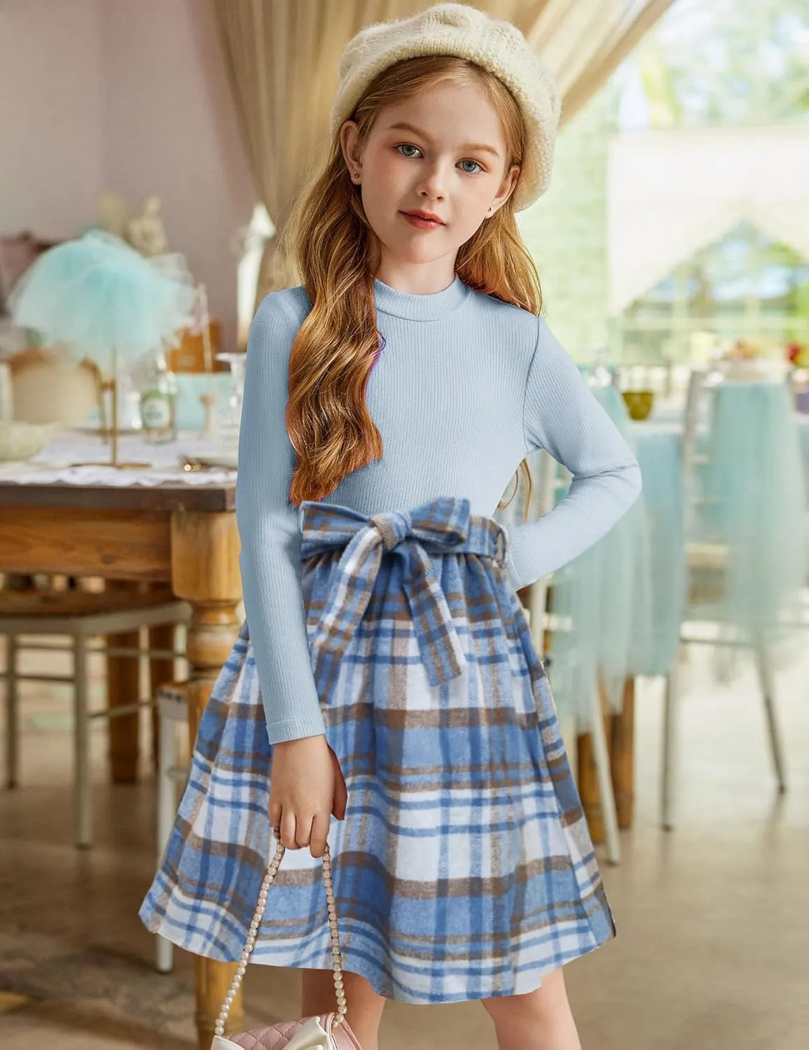 Arshiner Girls Dresses Long Sleeve Rib Knit Plaid Patchwork Belted Dress with Pockets