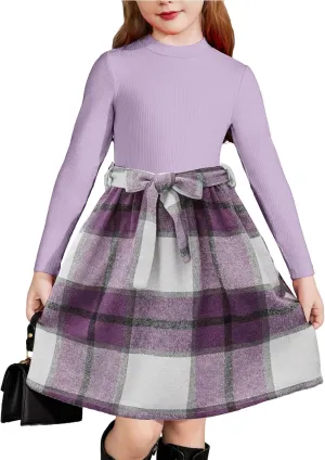 Arshiner Girls Dresses Long Sleeve Rib Knit Plaid Patchwork Belted Dress with Pockets