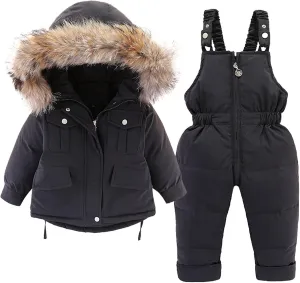Baby Girls Boys Winter Thick Warm Hooded Puffer Down Jacket Coat Paraks Jumpsuit Two Piece Snowsuit Set with Ski Bib Pants N477 Black,18-24 Months