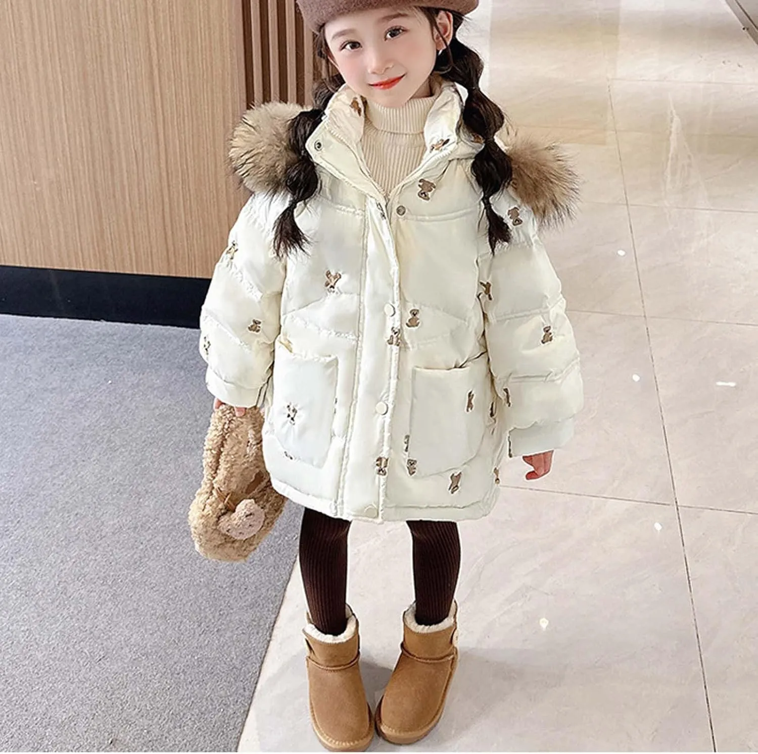 Baby Toddler Girls Winter Jackets Lightweight Warm Puffer Down Jacket Faux Fur Hooded Outerwear with Pockets