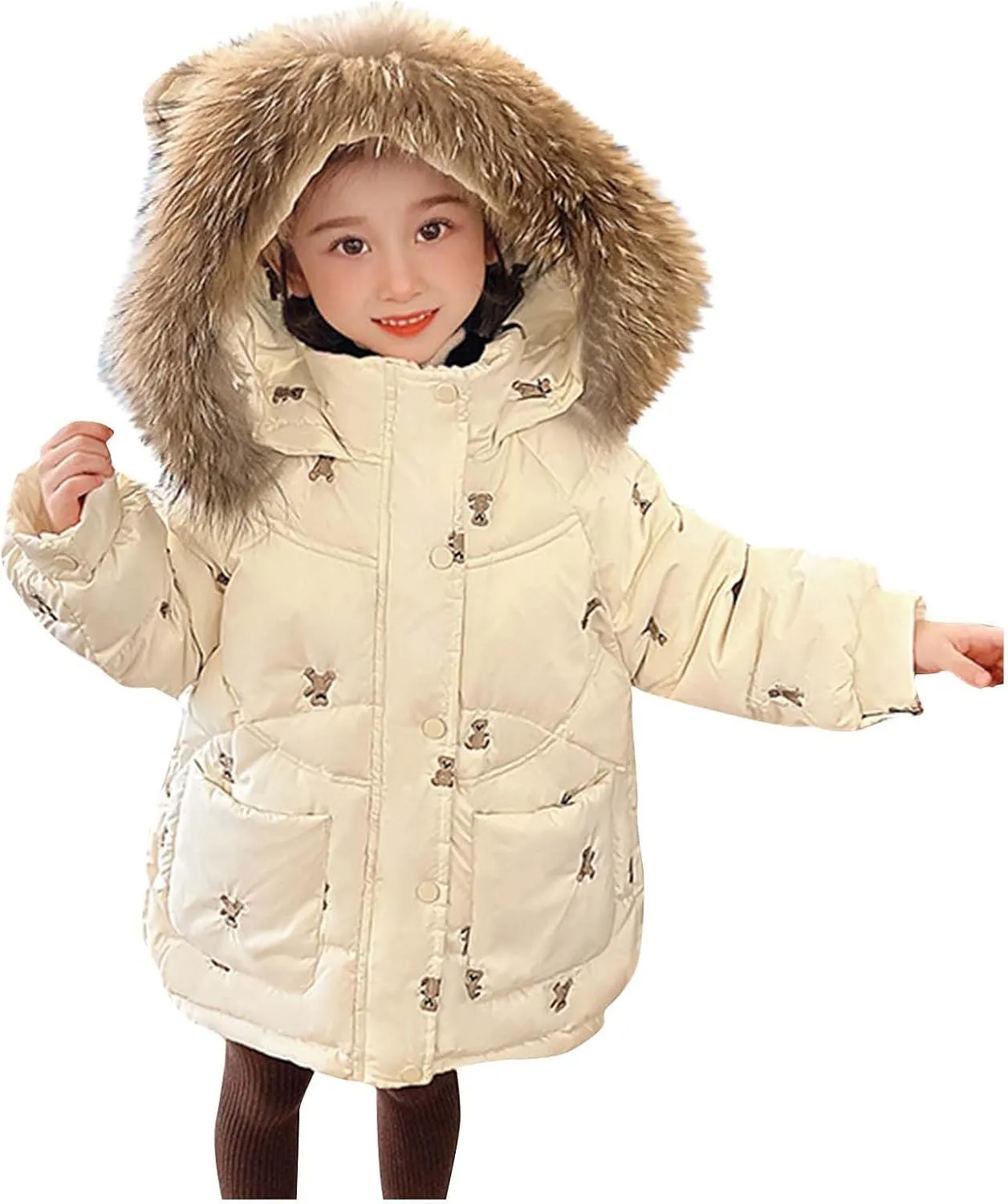 Baby Toddler Girls Winter Jackets Lightweight Warm Puffer Down Jacket Faux Fur Hooded Outerwear with Pockets