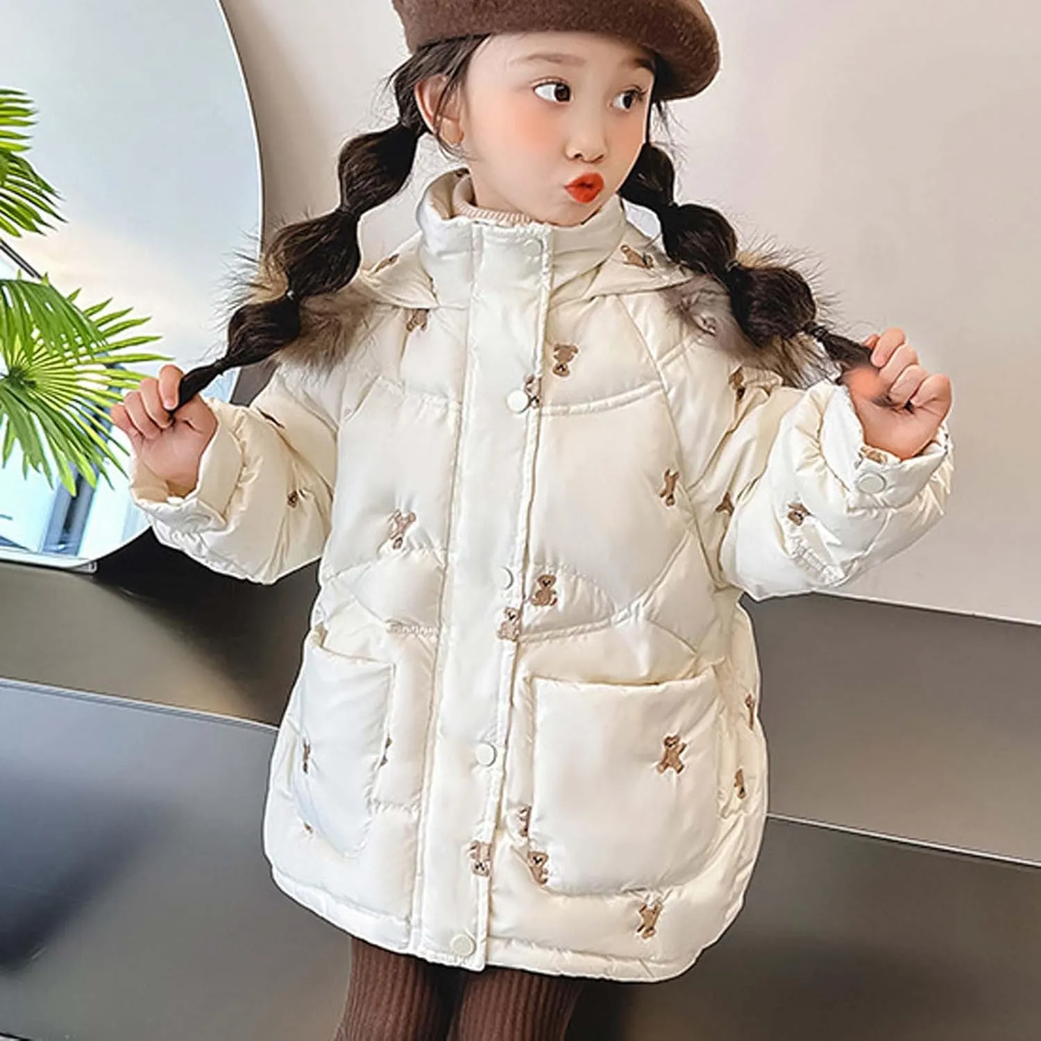 Baby Toddler Girls Winter Jackets Lightweight Warm Puffer Down Jacket Faux Fur Hooded Outerwear with Pockets