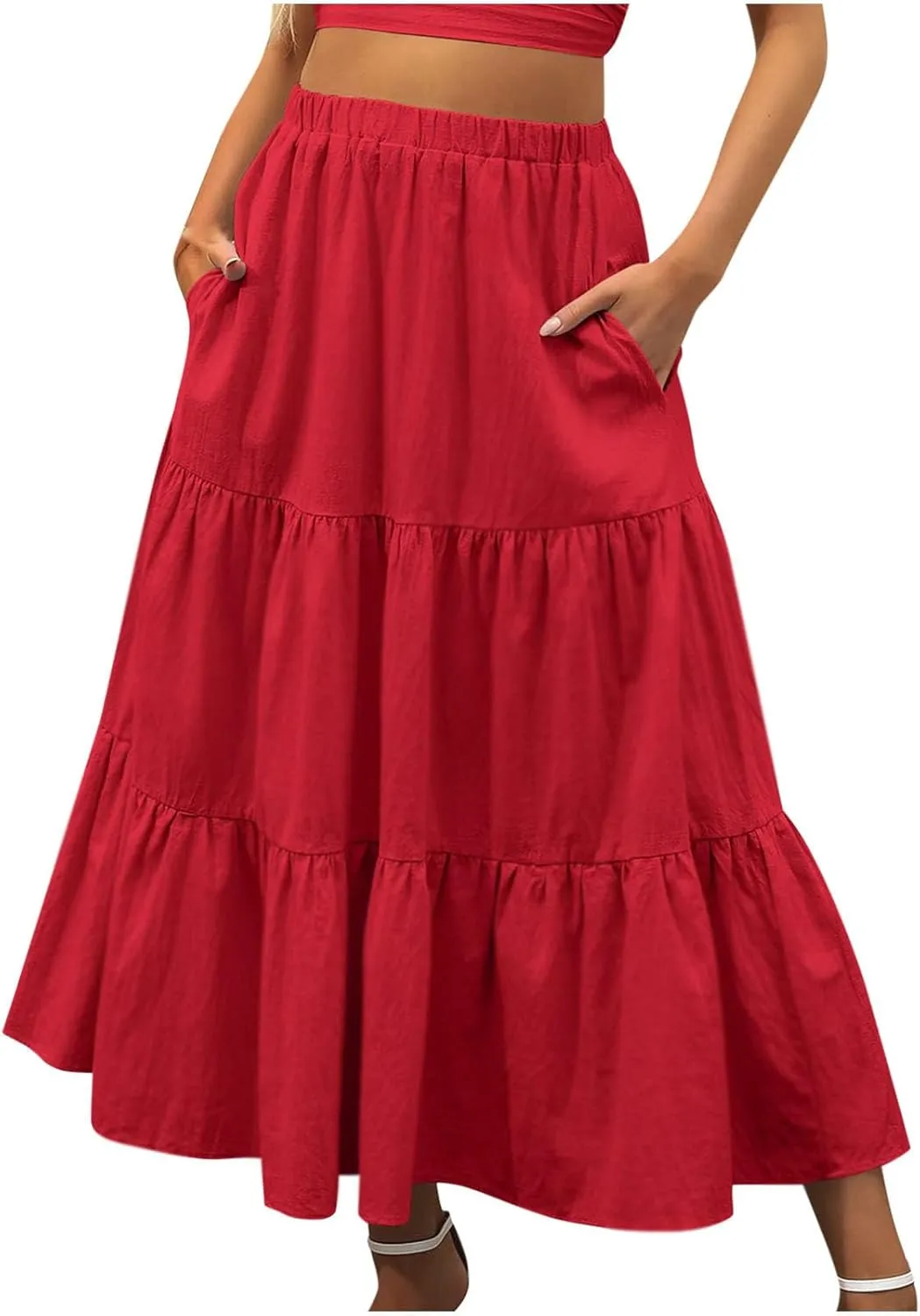 Binmer Women 2024 Bohemian Long Skirts Tiered Ruffle Hem Flowy High Waist A Line Maxi Skirts Summer Pleated Skirt with Pocket
