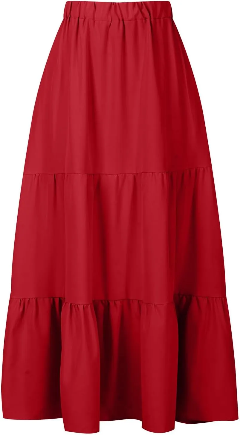 Binmer Women 2024 Bohemian Long Skirts Tiered Ruffle Hem Flowy High Waist A Line Maxi Skirts Summer Pleated Skirt with Pocket