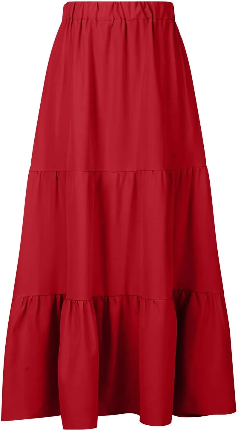 Binmer Women 2024 Bohemian Long Skirts Tiered Ruffle Hem Flowy High Waist A Line Maxi Skirts Summer Pleated Skirt with Pocket