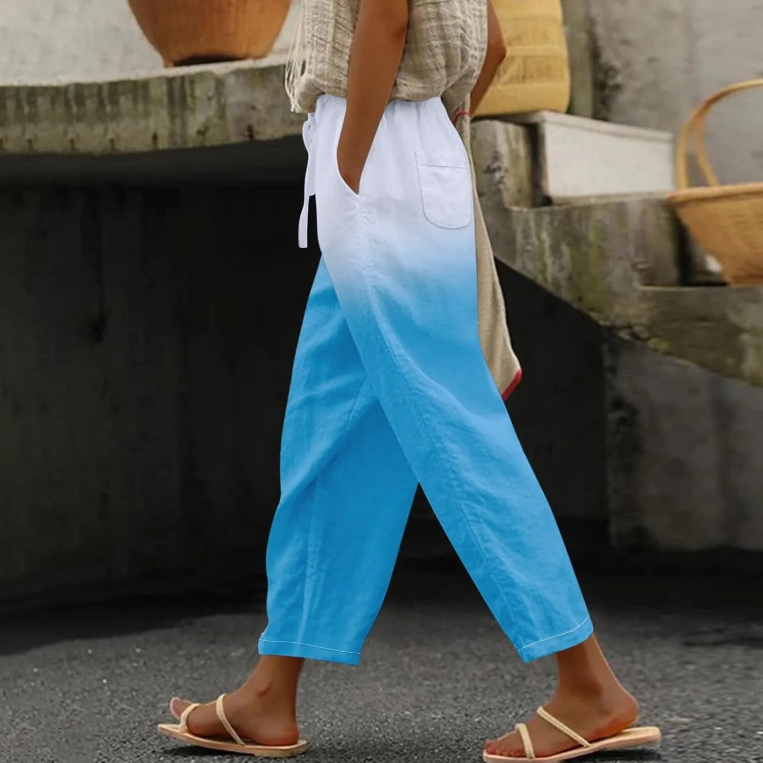 Black Leggings Women Color Cotton Linen Elastic Seven Pants Beach Casual Pants Loose Cotton Linen Palazzo