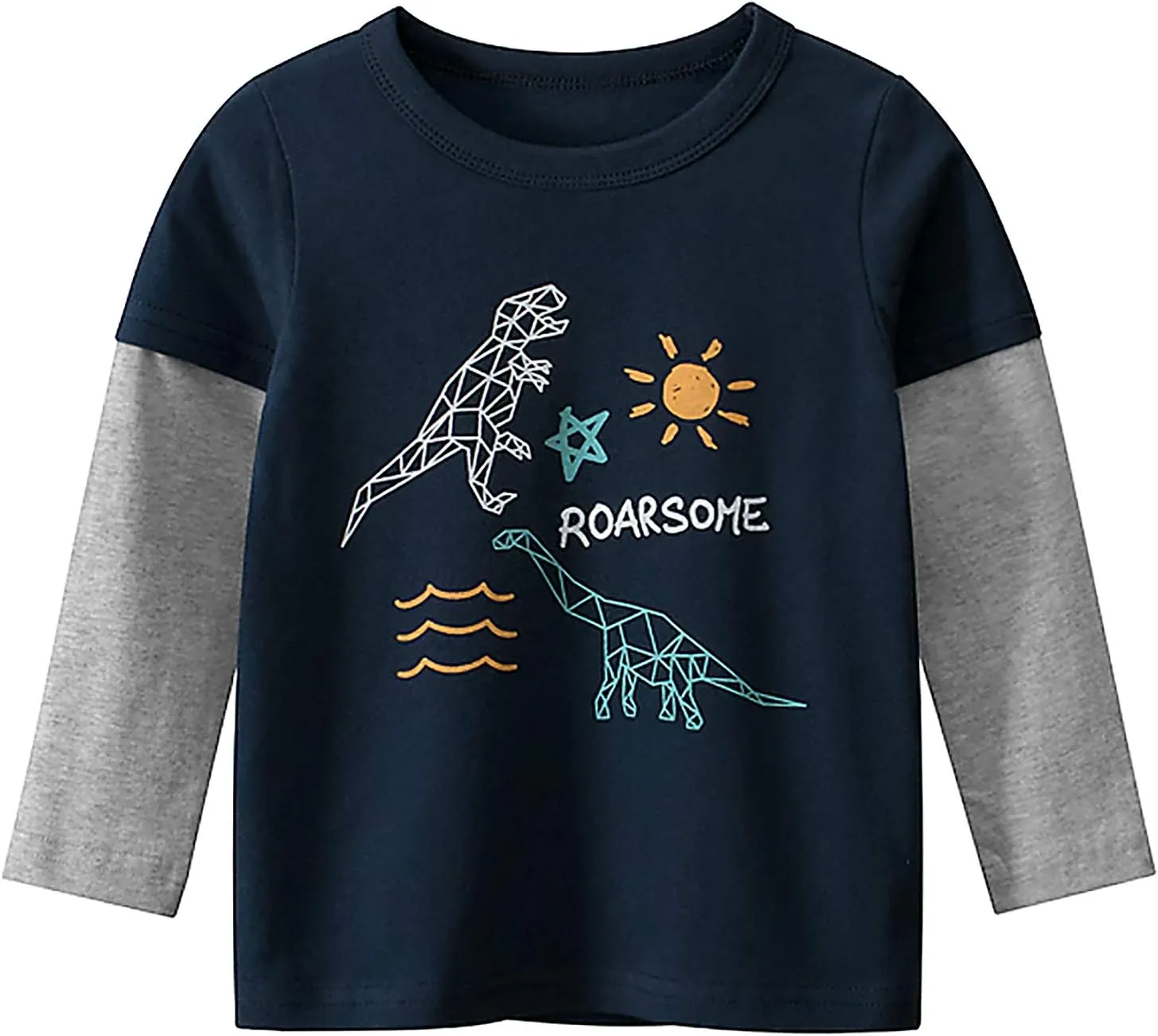 Boys Long Sleeve T-Shirts Casual Cotton Shirts Graphic Active Crewneck Tee Shirts for Toddler Kids Boys 3 Pack