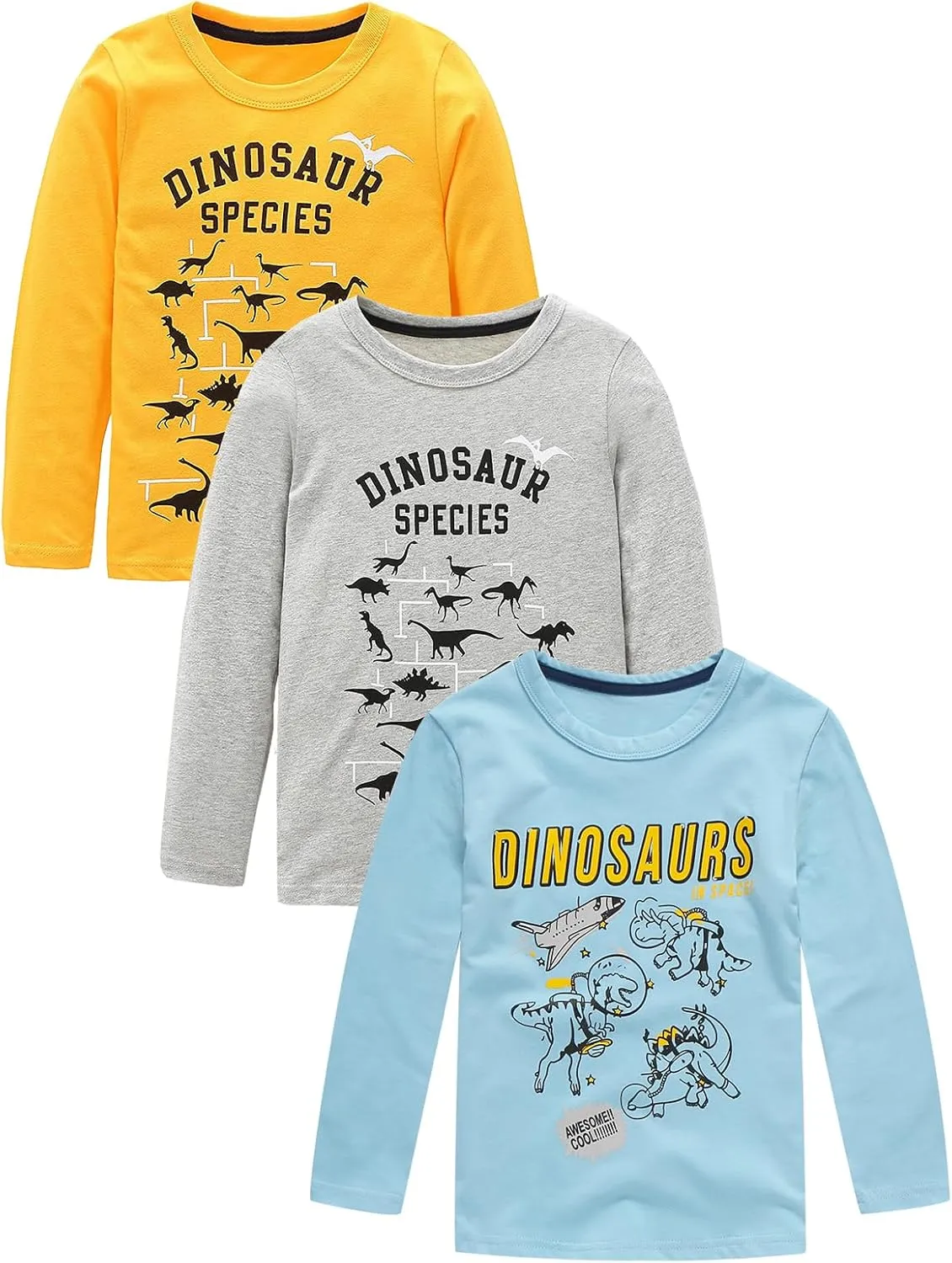 Boys Long Sleeve T-Shirts Casual Cotton Shirts Graphic Active Crewneck Tee Shirts for Toddler Kids Boys 3 Pack