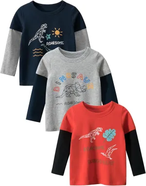 Boys Long Sleeve T-Shirts Casual Cotton Shirts Graphic Active Crewneck Tee Shirts for Toddler Kids Boys 3 Pack