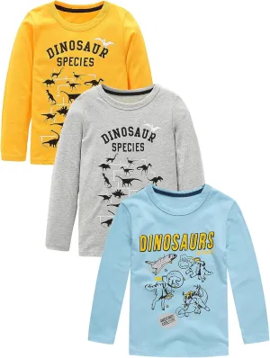Boys Long Sleeve T-Shirts Casual Cotton Shirts Graphic Active Crewneck Tee Shirts for Toddler Kids Boys 3 Pack