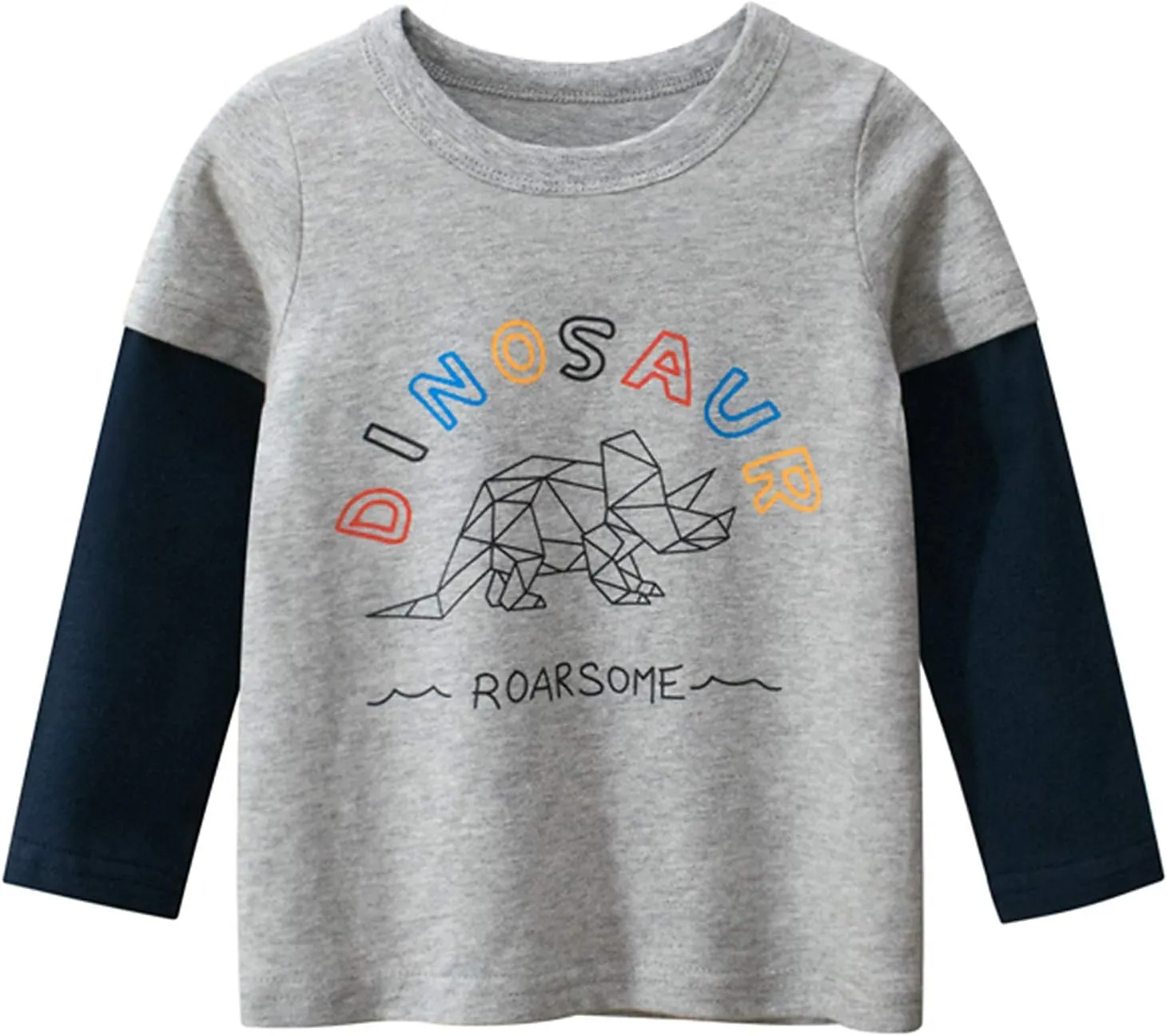Boys Long Sleeve T-Shirts Casual Cotton Shirts Graphic Active Crewneck Tee Shirts for Toddler Kids Boys 3 Pack