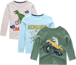 Boys Long Sleeve T-Shirts Casual Cotton Shirts Graphic Active Crewneck Tee Shirts for Toddler Kids Boys 3 Pack