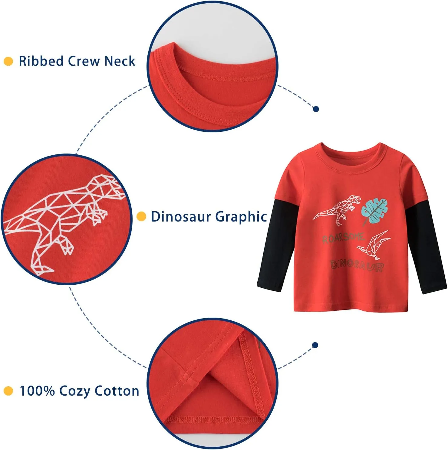 Boys Long Sleeve T-Shirts Casual Cotton Shirts Graphic Active Crewneck Tee Shirts for Toddler Kids Boys 3 Pack