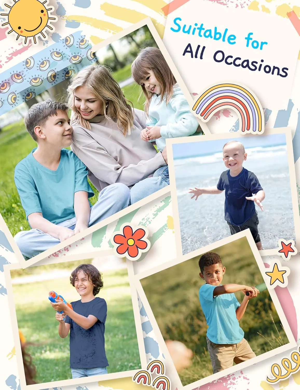 Boys Shirts 6-Pack Short Sleeve Toddler Boy Tshirts Round Neck T Shirts Cotton Basic Tees Summer Tops Kids T-Shirt Size 2-10Y