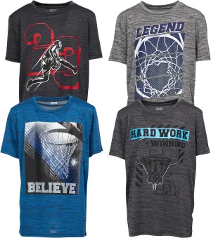 Boys T Shirts - Youth Big Kids Active Athletic Workout Sports Basketball Graphic Short Sleeve Top 4 Pack