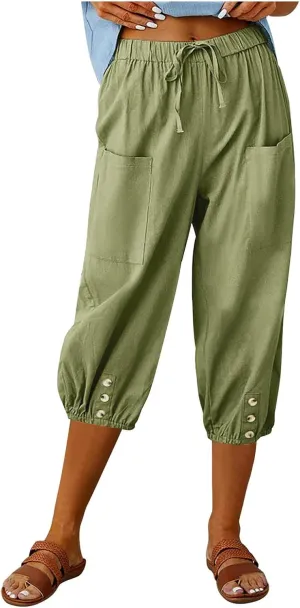 Capris for Women Casual Summer Drawstring Elastic Waist Wide Leg Linen Pants Womens Plus Size Lightweight Shorts