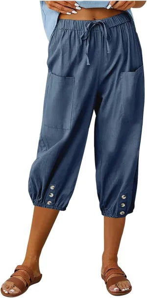 Capris for Women Casual Summer Drawstring Elastic Waist Wide Leg Linen Pants Womens Plus Size Lightweight Shorts