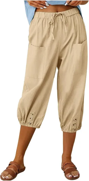Capris for Women Casual Summer Drawstring Elastic Waist Wide Leg Linen Pants Womens Plus Size Lightweight Shorts