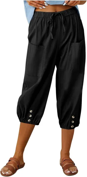 Capris for Women Casual Summer Drawstring Elastic Waist Wide Leg Linen Pants Womens Plus Size Lightweight Shorts