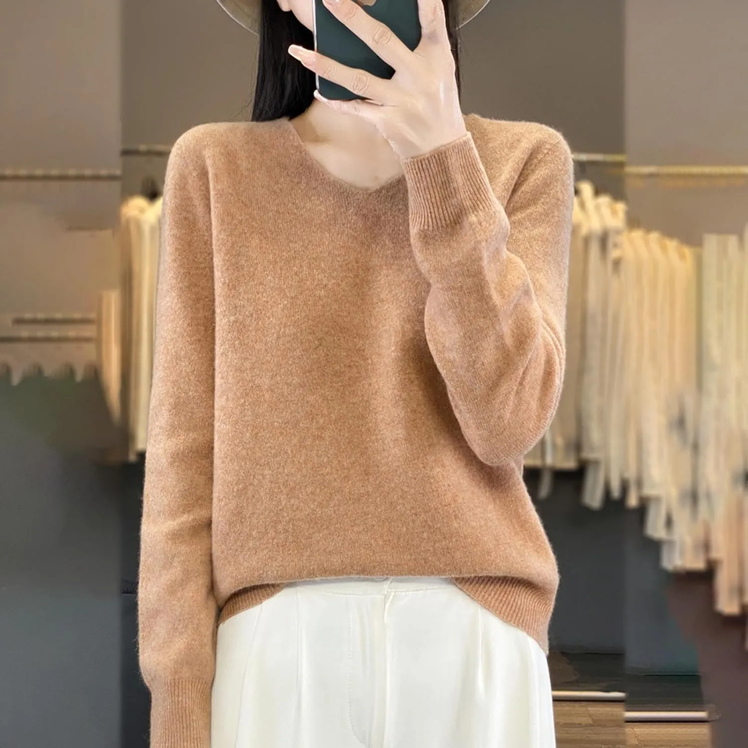Cashmere Sweaters for Womens Long Sleeve V Neck Loose Pullover Tops Soft Warm Cozy Lightweight Knit Sweater