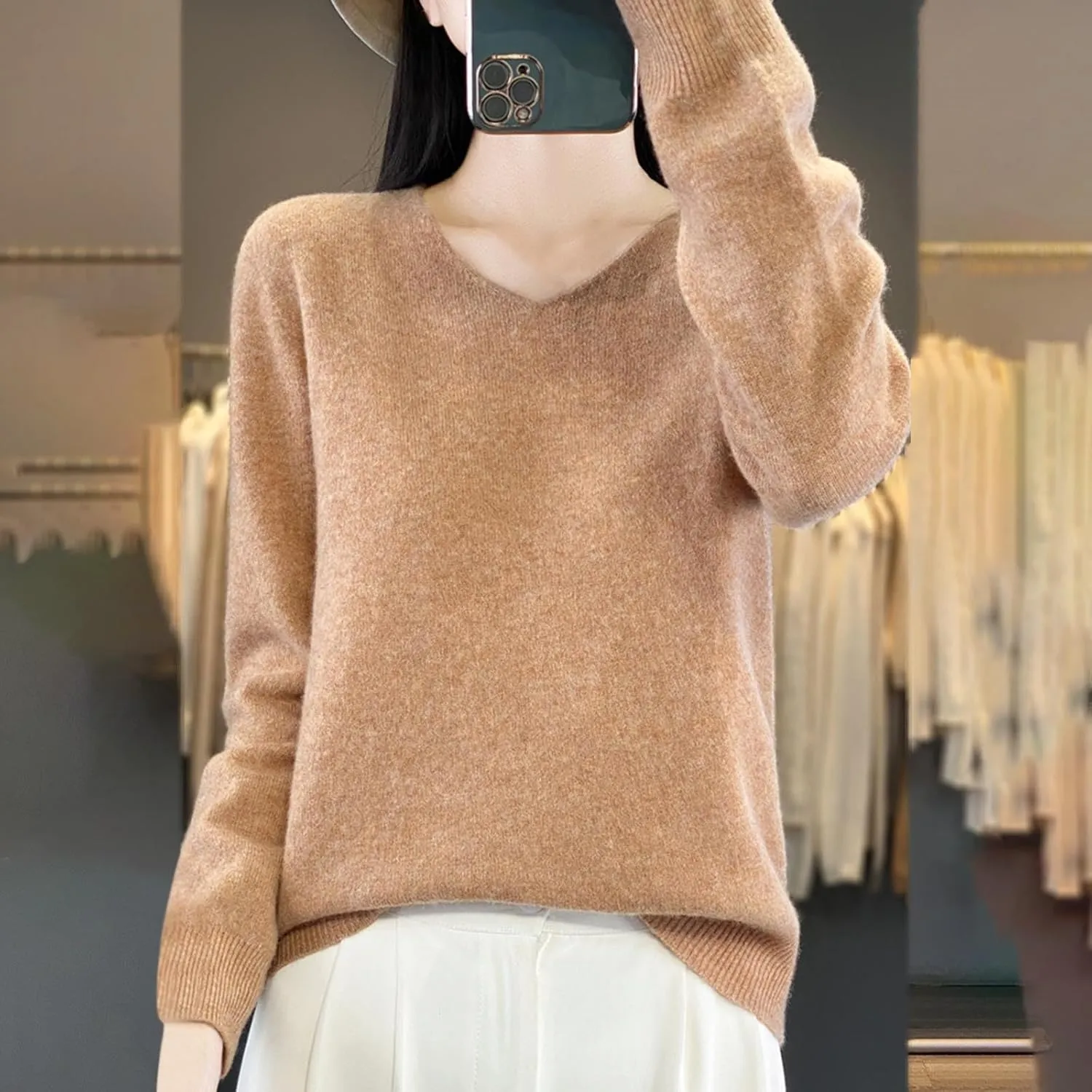 Cashmere Sweaters for Womens Long Sleeve V Neck Loose Pullover Tops Soft Warm Cozy Lightweight Knit Sweater