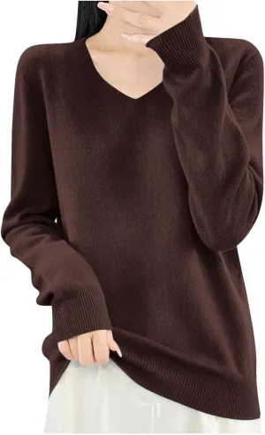 Cashmere Sweaters for Womens Long Sleeve V Neck Loose Pullover Tops Soft Warm Cozy Lightweight Knit Sweater
