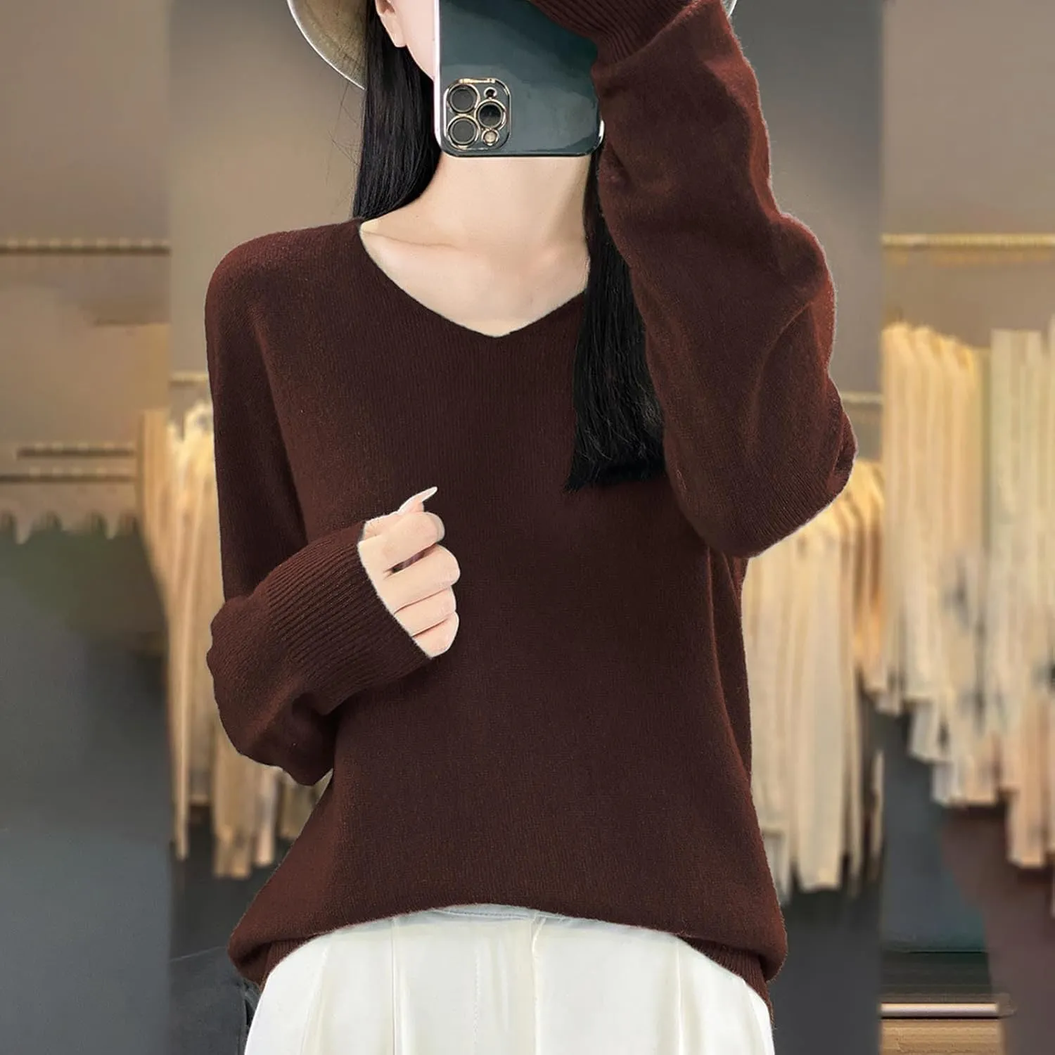Cashmere Sweaters for Womens Long Sleeve V Neck Loose Pullover Tops Soft Warm Cozy Lightweight Knit Sweater